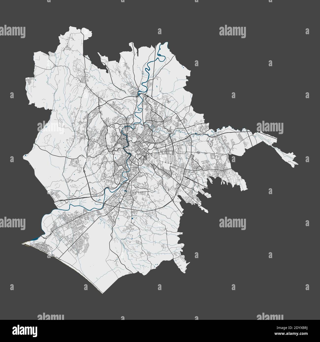 Rom-Karte. Detaillierte Karte von Rom Stadt Verwaltungsgebiet. Stadtbild-Panorama. Lizenzfreie Vektorgrafik. Übersichtskarte mit Autobahnen, Straßen, riv Stock Vektor