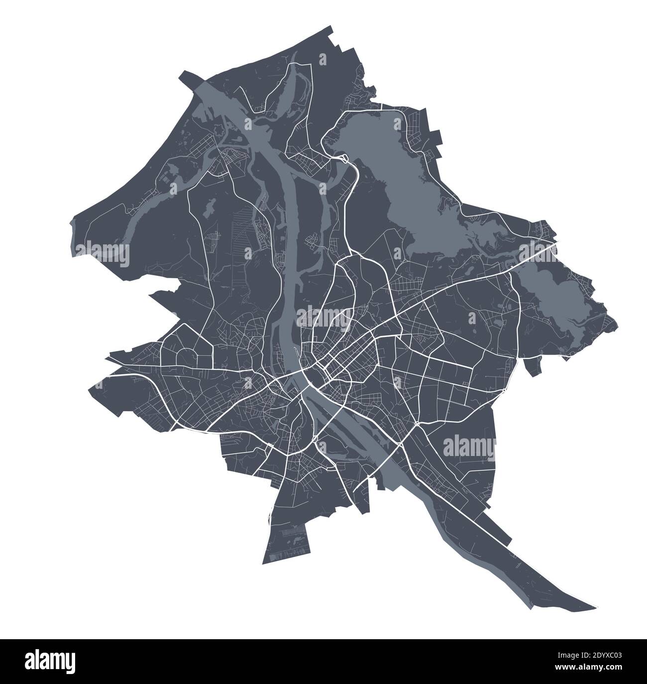Riga-Karte. Detaillierte Vektorkarte von Riga Stadtverwaltung. Dunkles Plakat mit Straßen auf weißem Hintergrund. Stock Vektor