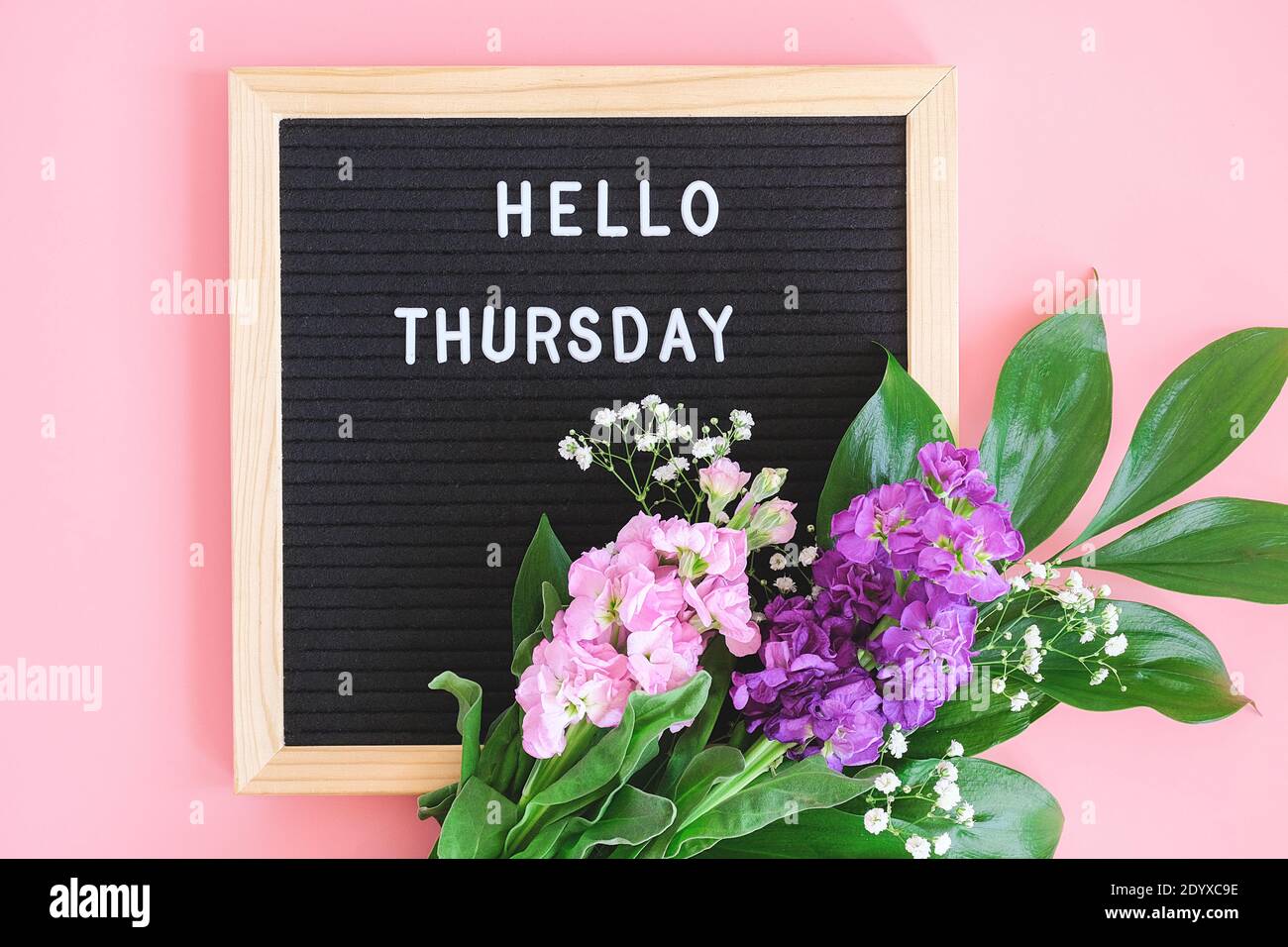 Hallo Donnerstag Text auf schwarzem Briefbrett und Blumenstrauß bunte Blumen auf rosa Hintergrund. Konzept Happy Thursday. Vorlage für Postkarte, Begrüßung Auto Stockfoto