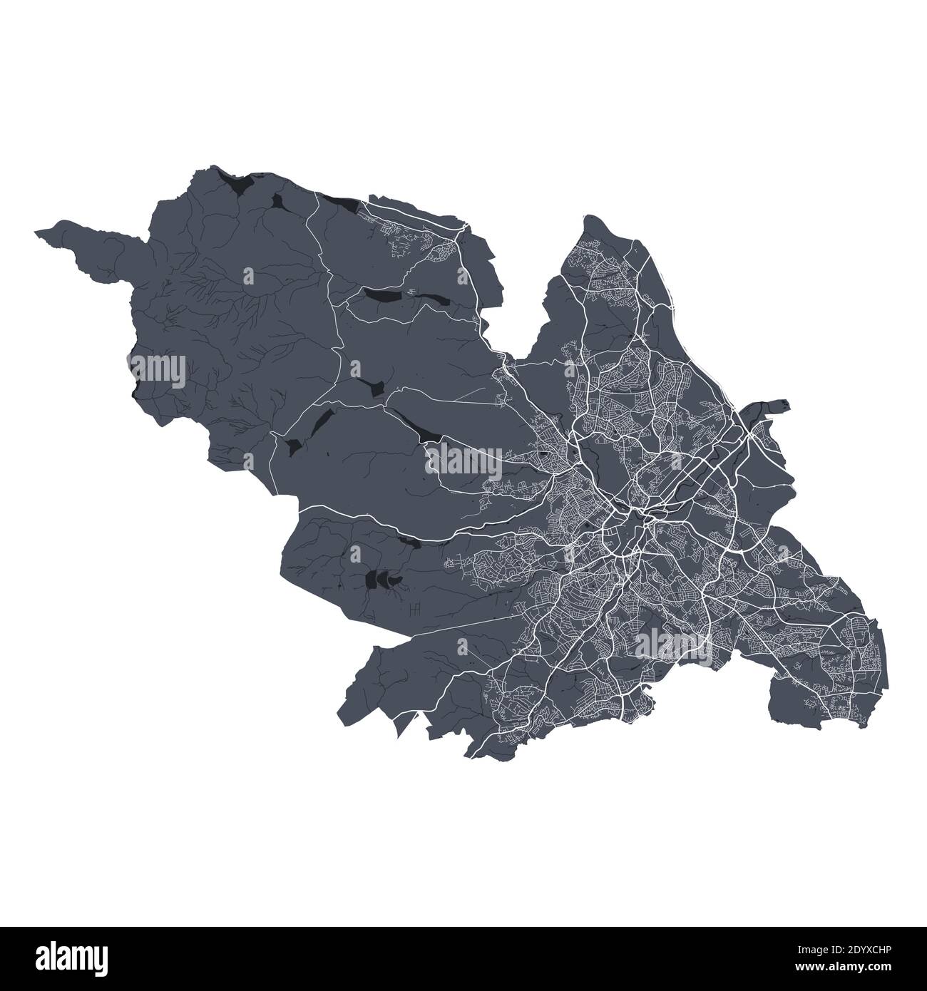 Sheffield-Karte. Detaillierte Vektorkarte von Sheffield Stadt Verwaltungsgebiet. Stadtbild Poster Metropolregion Arie Ansicht. Dunkles Land mit weißen Straßen, Straßen Stock Vektor