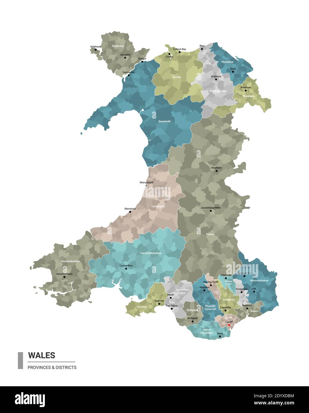 Wales hat detaillierte Karte mit Unterteilungen. Verwaltungskarte von Wales mit Bezirken und Stadtnamen, farbig nach Bundesstaaten und Verwaltungsbezirken. Stock Vektor