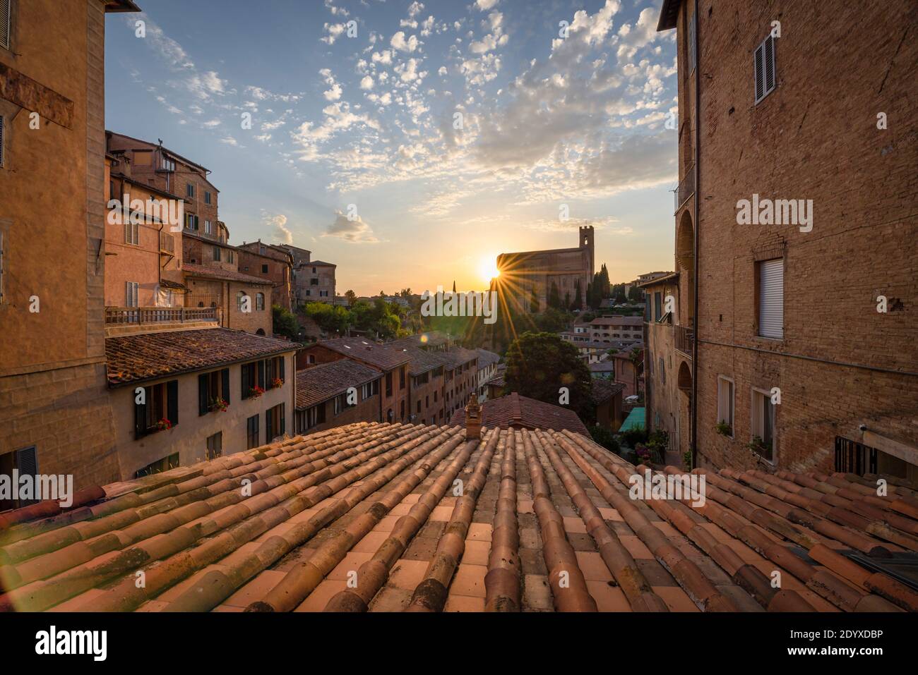 Die Nachmittagssonne erleuchtet die Fassaden der mittelalterlichen Altstadt von Siena und verschwindet hinter der Basilica di San Domenico, Siena, Toskana, Italien Stockfoto