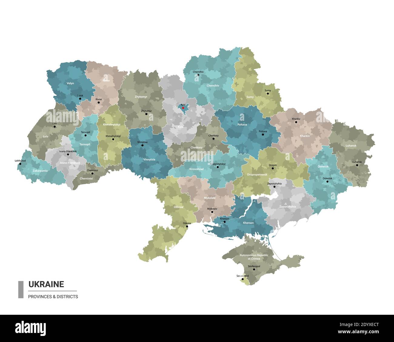 Ukraine Higt Detailkarte mit Unterteilungen. Verwaltungskarte der Ukraine mit Bezirken und Städten Namen, farbig nach Staaten und administrative distrip Stock Vektor