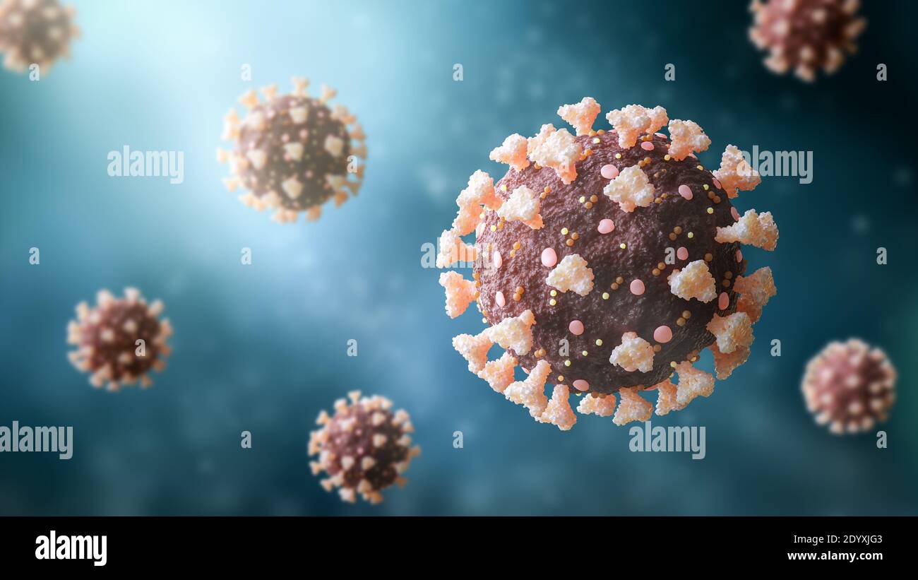 3D-Darstellung von Coronavirus- oder sars-Cov-2- oder covid-19-Viruszellen. Medizin und Gesundheitswesen, Medizin, Mikrobiologie, Virologie, Wissenschaftskonzept Stockfoto