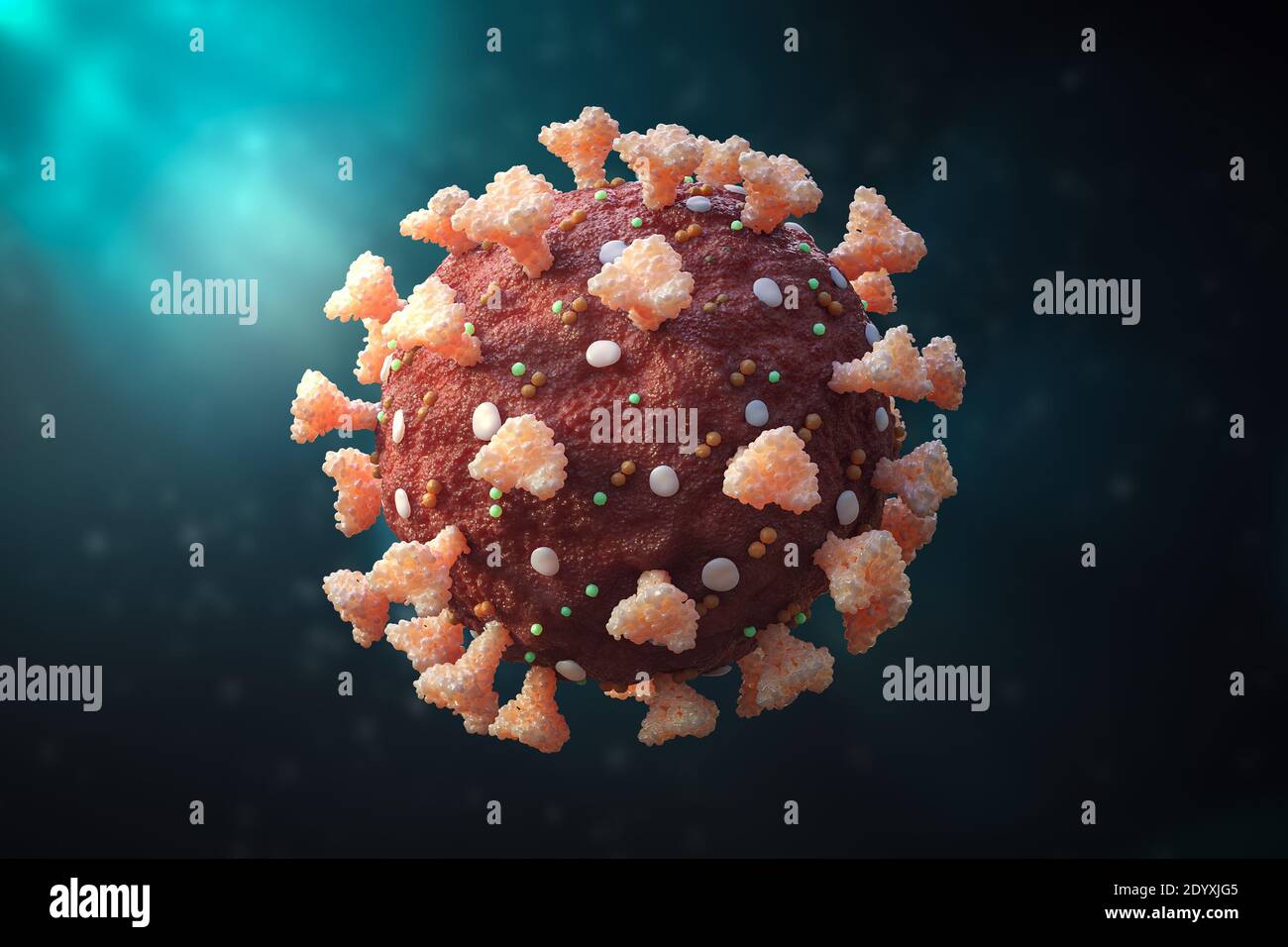 Nahaufnahme eines Coronavirus oder sars-COV-2 Zelle 3D Rendering Illustration. Genaue Anatomie des Virus. Mikrobiologie, Medizin, Wissenschaft, Virologie conce Stockfoto