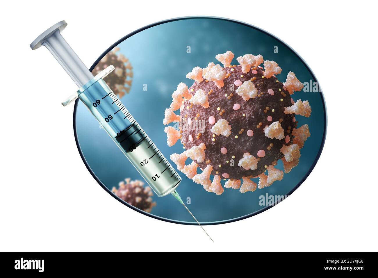 Impfstoff- und Coronavirus- oder sars-Cov-2- oder Covid-19-Viruszellen isoliert auf weißem Hintergrund 3D-Darstellung. Medizin und Gesundheitswesen, Medizin Stockfoto