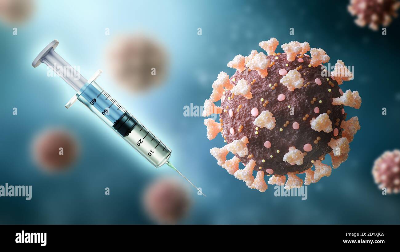 3D-Darstellung von Impfstoffen und Coronaviren oder sars-Cov-2- oder Covid-19-Viruszellen. Medizin und Gesundheitswesen, Medizin, Mikrobiologie, Immunologie, V Stockfoto