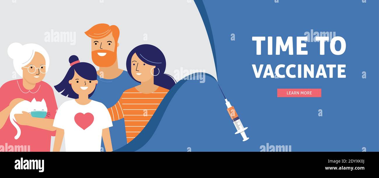 Konzept für die Familienimpfung. Zeit zum Impfen Banner - Spritze mit Impfstoff gegen COVID-19, Grippe oder Grippe und eine Familie Stock Vektor