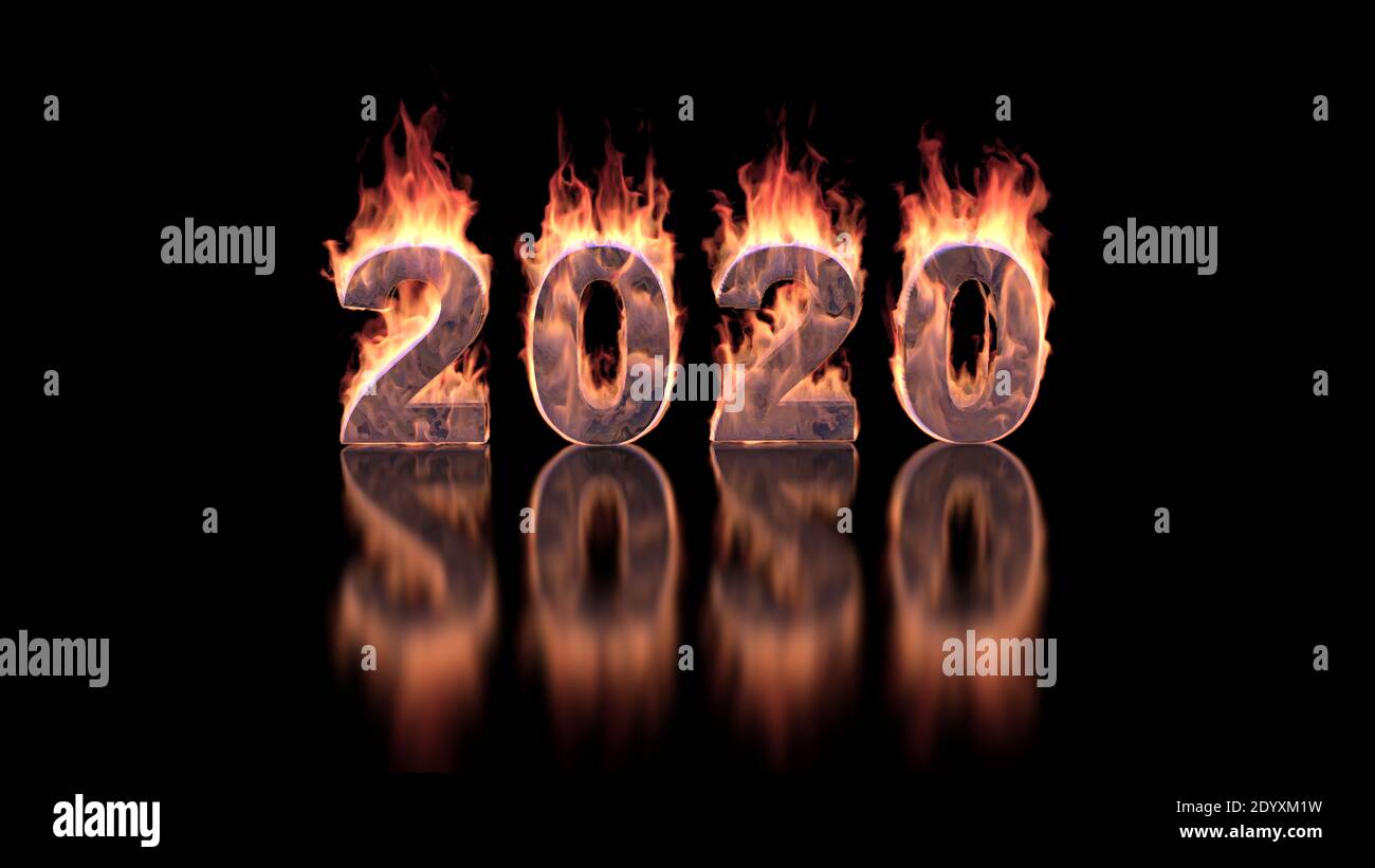 2020 Jahre Text brennen in Feuer auf glänzender Oberfläche – 3d-Animation Stockfoto