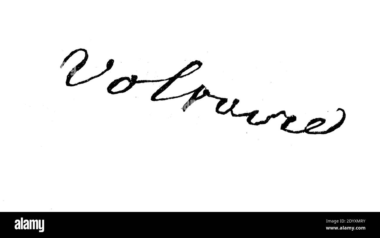 Signatur, Handschrift von Voltaire / Unterschrift, Handschrift von Voltaire, Historisch, historisch, digital verbesserte Reproduktion eines Originals aus dem 19. Jahrhundert / digitale Produktion einer Originalvorlage aus dem 19. Jahrhundert, Stockfoto