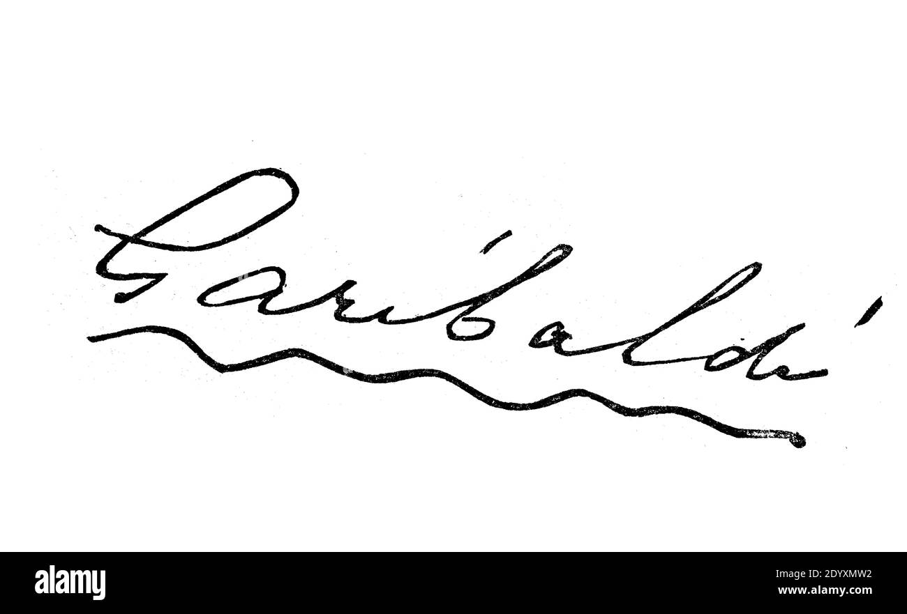 Signatur, Handschrift von Garibaldi / Unterschrift, Handschrift von Garibaldi, Historisch, historisch, digital verbesserte Reproduktion eines Originals aus dem 19. Jahrhundert / digitale Reproduktion einer Originalvorlage aus dem 19. Jahrhundert, Stockfoto