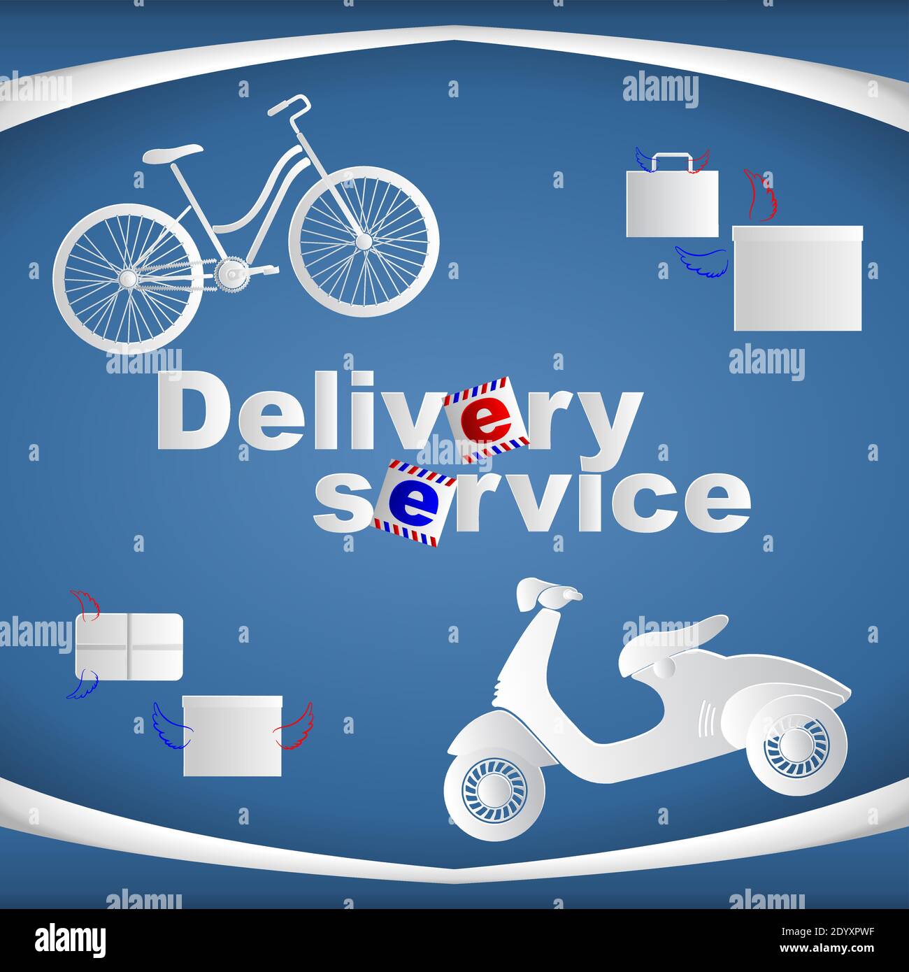 Banner mit Fahrrad, Roller und Boxen und Text-Lieferservice. Vektorgrafik. Stock Vektor