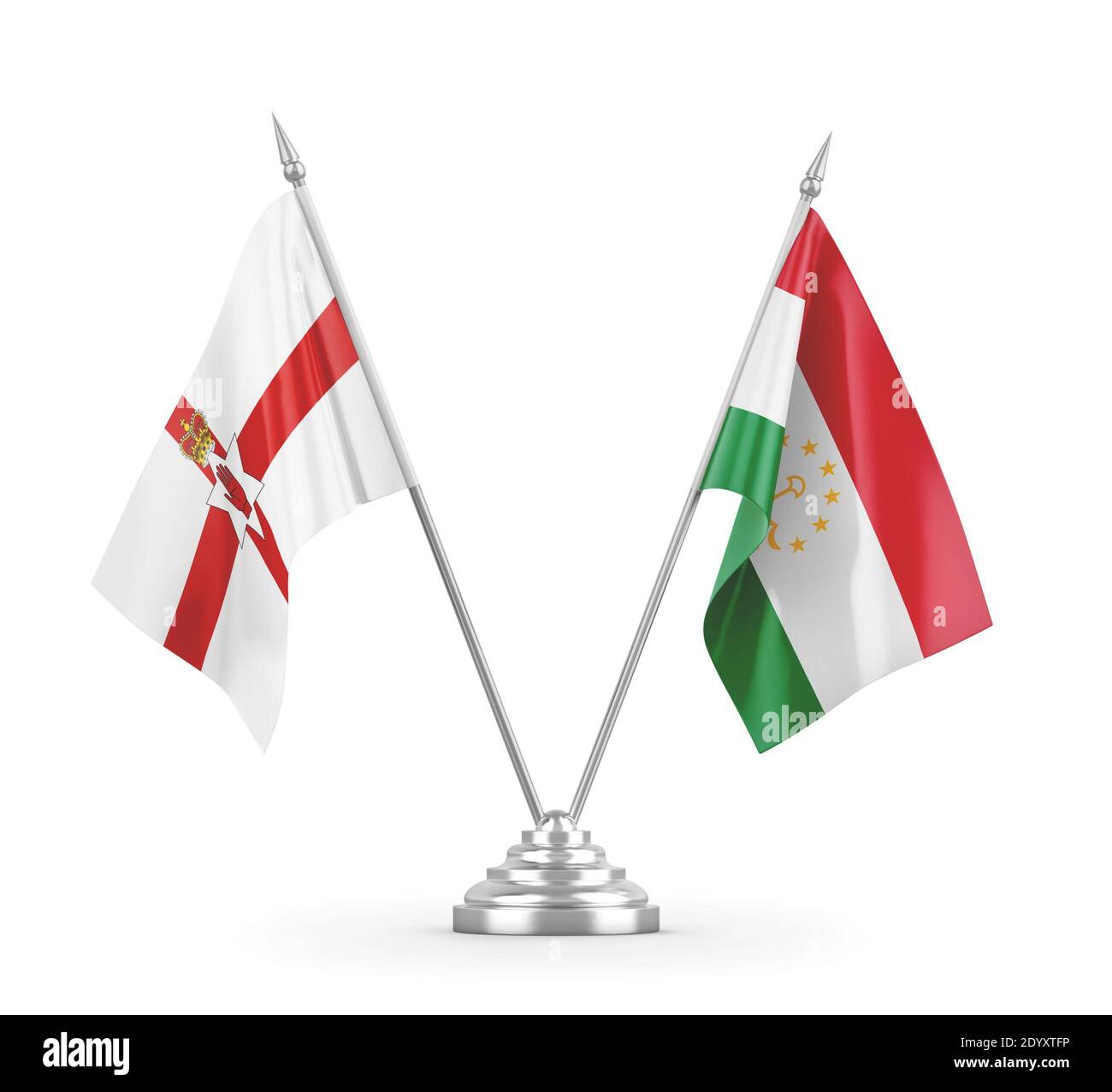 Tadschikistan und Nordirland Tischflaggen isoliert auf weißem 3D Rendering Stockfoto