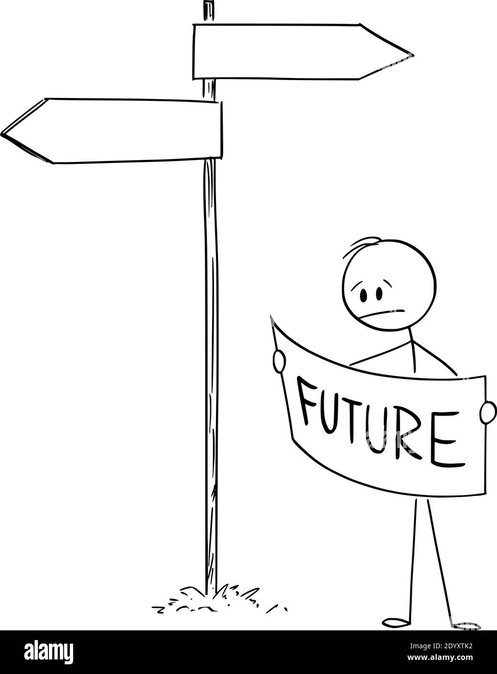 Vector Cartoon Stick Figur Illustration frustriert Mann oder Geschäftsmann auf der Kreuzung auf der Suche nach dem richtigen Weg in die Zukunft in der Karte. Stock Vektor