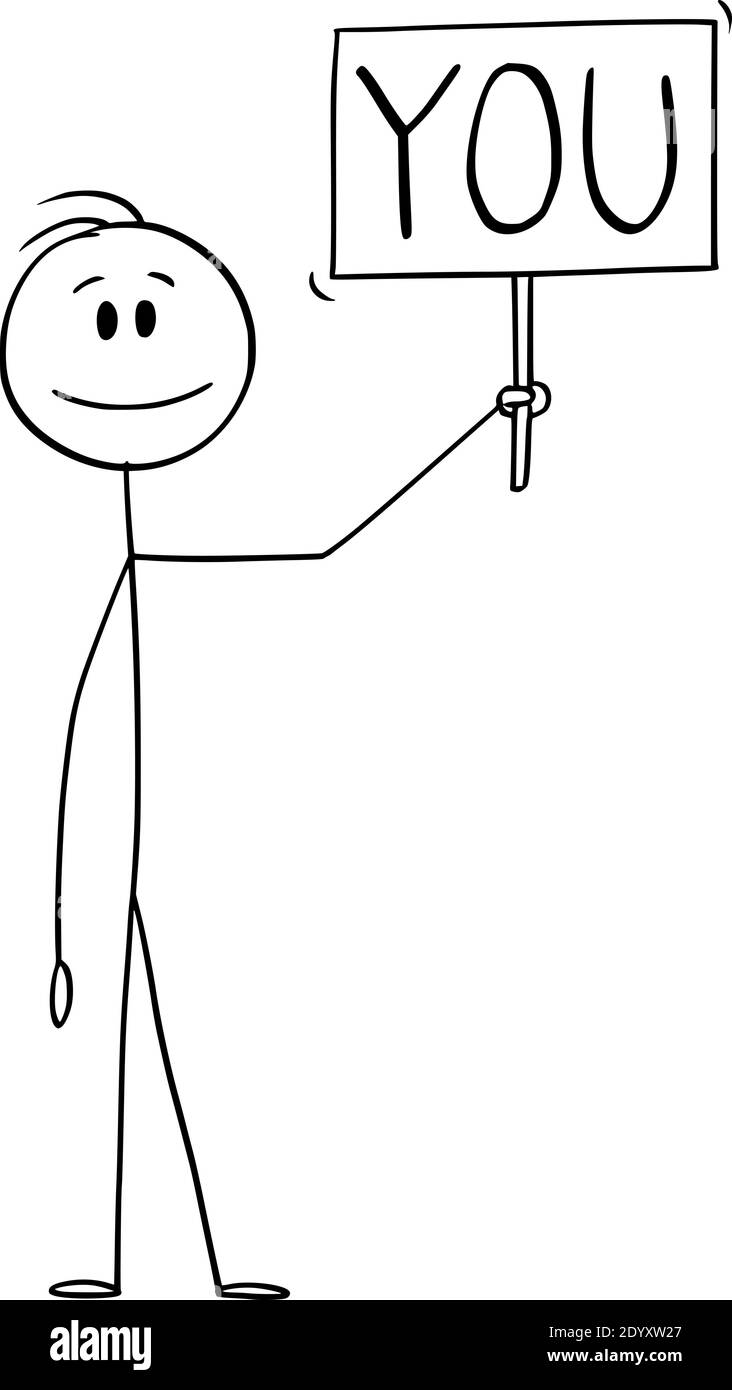 Vektor Cartoon Stick Figur Illustration von lächelnden positiven Mann oder Geschäftsmann halten und zeigen Sie unterschreiben. Stock Vektor