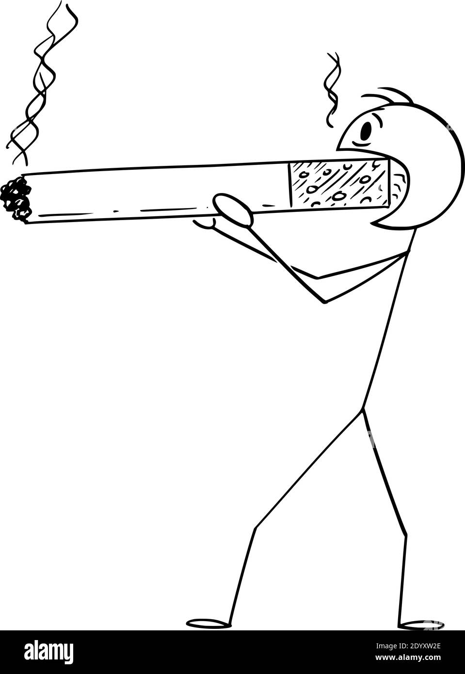 Vektor Cartoon Stick Figur Illustration von Mann oder Raucher halten und rauchen riesige oder große Zigarette. Konzept von Gesundheit und Lebensstil. Stock Vektor