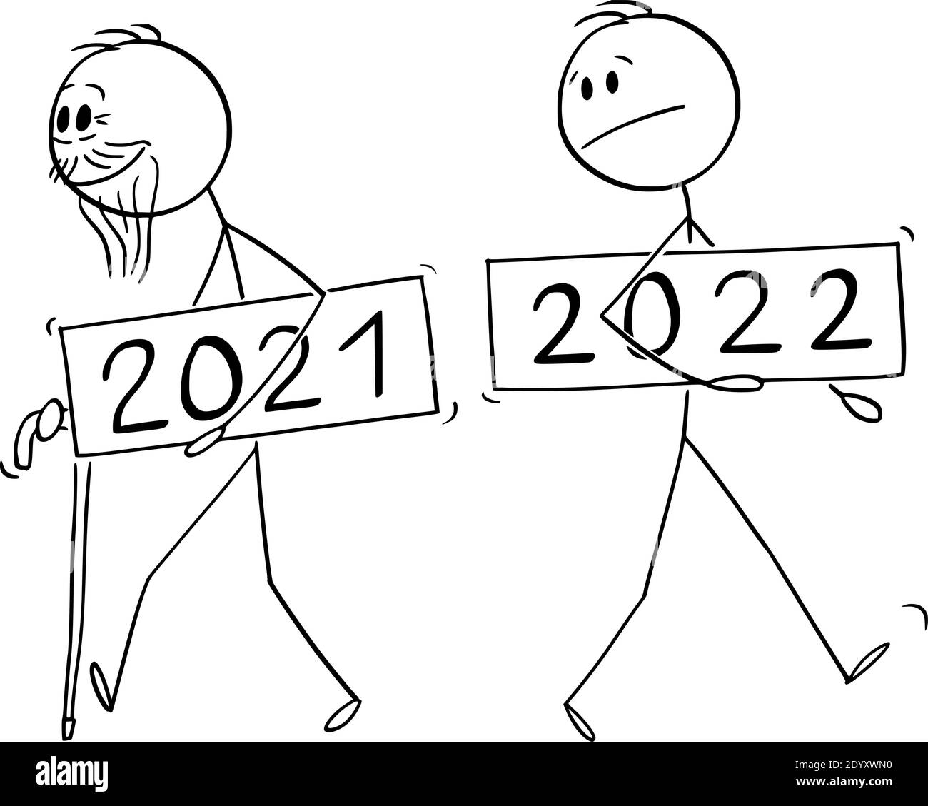 Vektor-Cartoon-Stick Figur Abbildung des alten Mannes Jahr 2021 wird verlassen, ist neues Jahr 2022 eingehenden. Stock Vektor