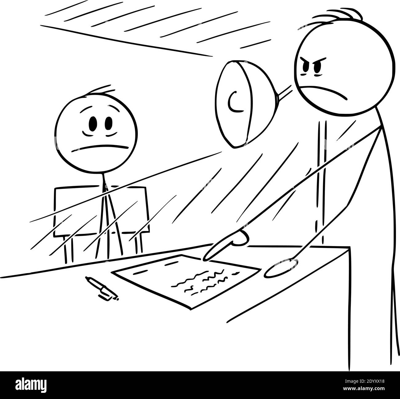 Vektor Cartoon Stick Figur Illustration des Mannes sitzt im Verhör Zimmer gezwungen, Kontakt oder Geständnis zu unterzeichnen. Stock Vektor