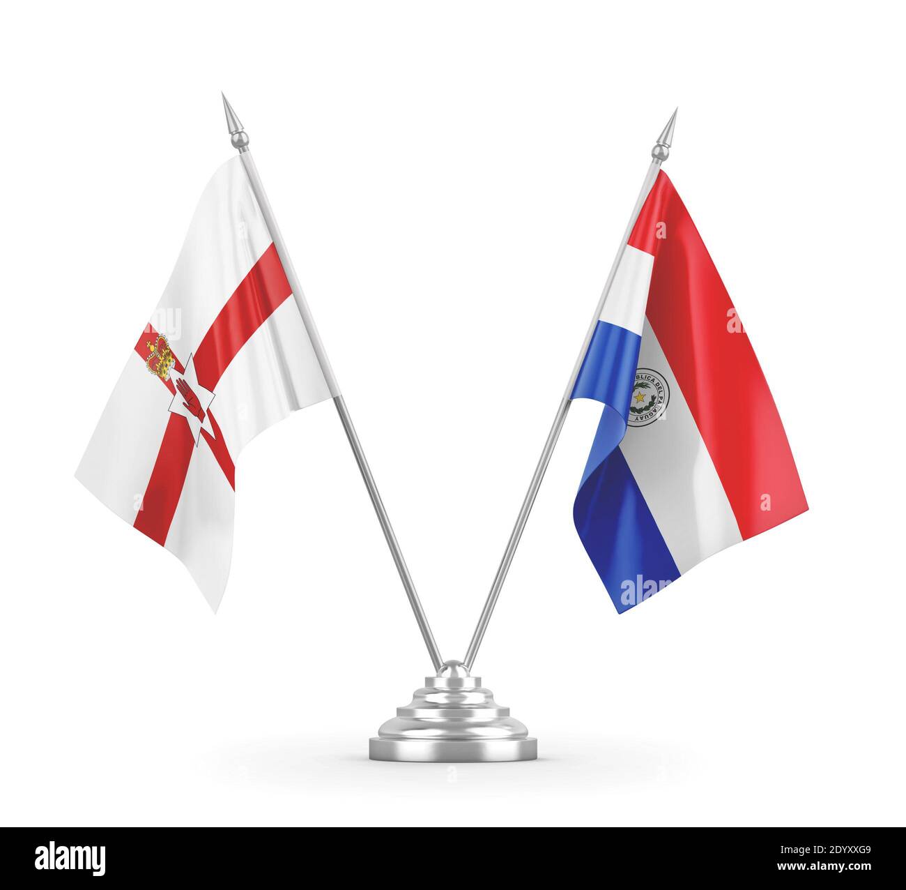 Paraguay und Nordirland Tischflaggen isoliert auf weißem 3D Rendering Stockfoto