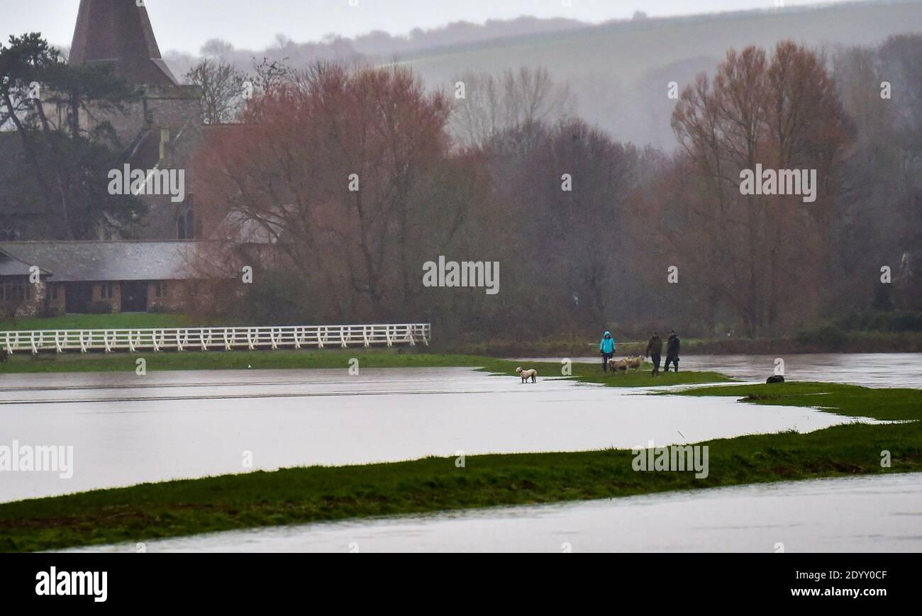 Alfriston Sussex UK 28. Dezember 2020 - Hundewanderer trotzen dem nassen Wetter, da Felder und Ackerland durch den Fluss Cuckmere in der Nähe von Alfriston in East Sussex überschwemmt werden, nachdem der kürzliche heftige Regen und Sturm Bella zu Störungen in ganz Großbritannien geführt hat. Mehr Schnee und Regen werden für Großbritannien in den nächsten Tagen prognostiziert : Credit Simon Dack / Alamy Live News Stockfoto