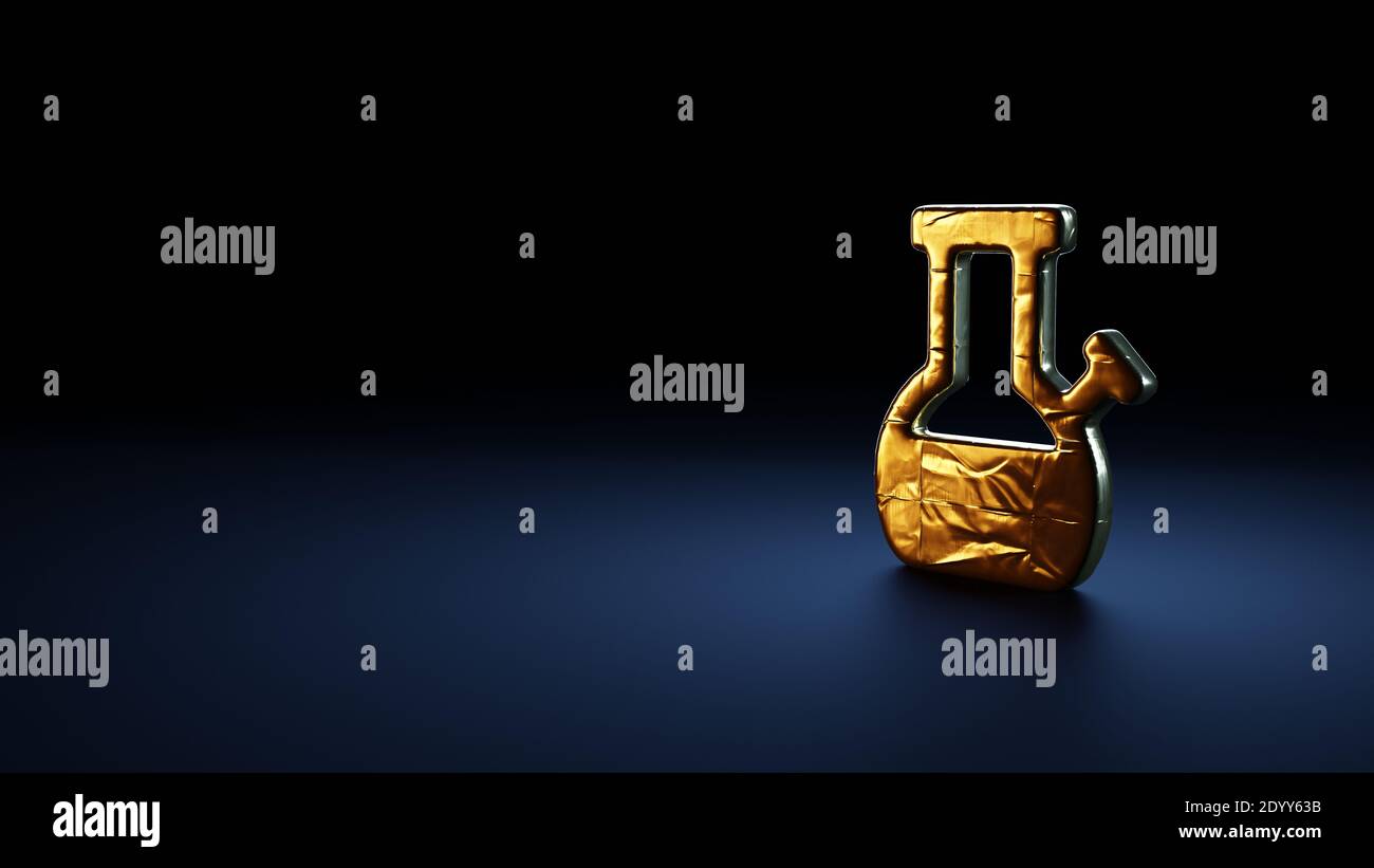 3d-Rendering-Symbol der Bong in Gold Thermofolie eingewickelt Platte auf dunkelblauem Hintergrund Stockfoto
