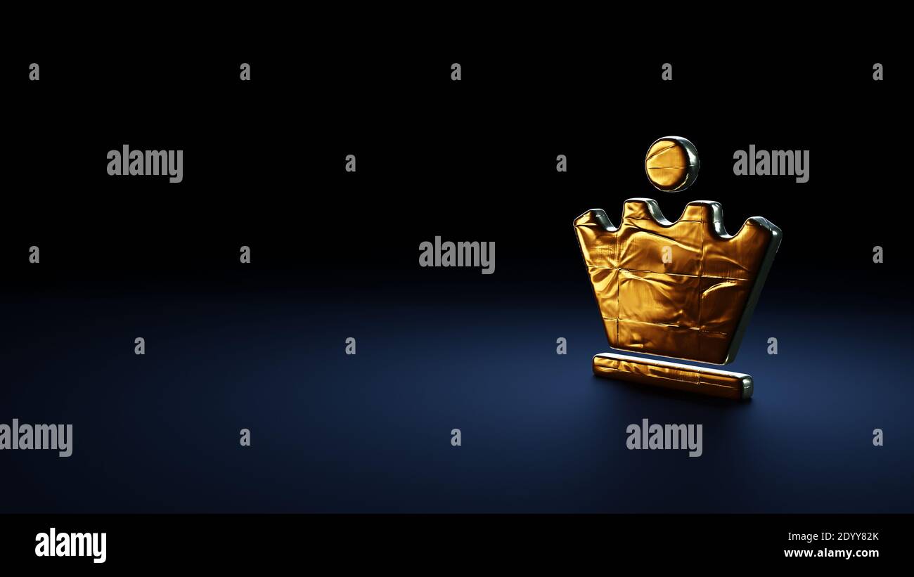 3d Rendering Symbol der Schachkönigin Figur in Gold gewickelt Thermofolienplatte auf dunkelblauem Hintergrund Stockfoto