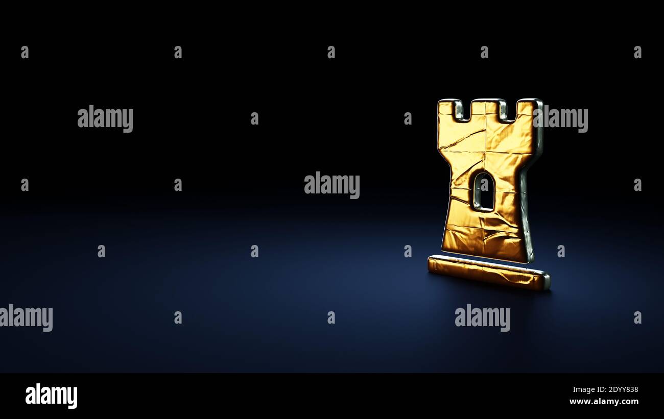 3d Rendering Symbol der Schachbrettfigur in Gold gewickelt Thermofolienplatte auf dunkelblauem Hintergrund Stockfoto