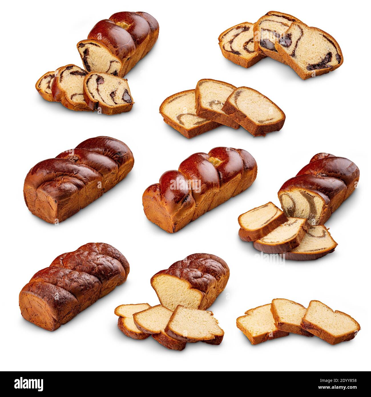 Auswahl an verschiedenen Arten von süßem Brot auf weißem Hintergrund Stockfoto