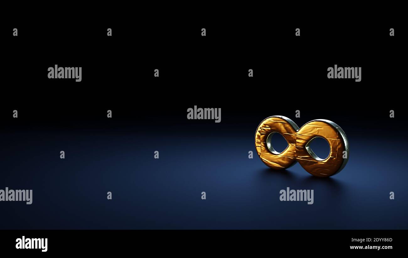 3d-Rendering-Symbol der Unendlichkeit Zeichen in Gold thermische verpackt Folienplatte auf dunkelblauem Hintergrund Stockfoto