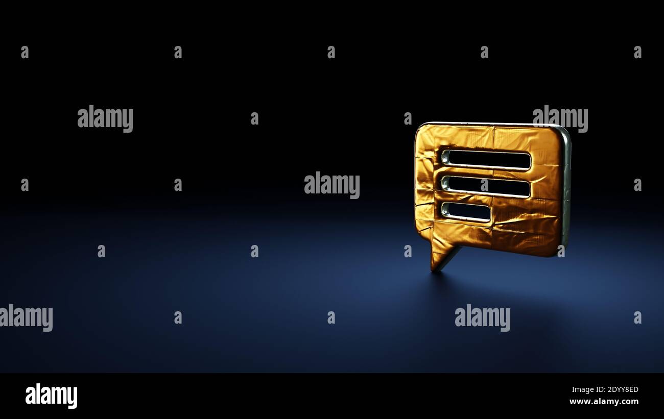 3d-Rendering-Symbol der Kommentarblase mit umschlossenen Textzeilen In Gold Thermofolienplatte auf dunkelblauem Hintergrund Stockfoto