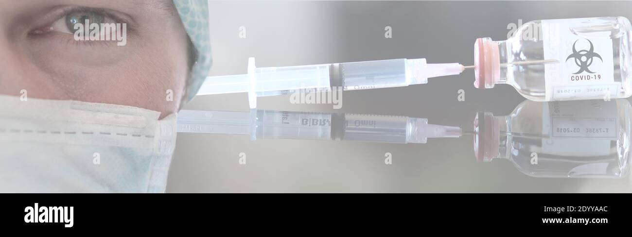 Covid-19 Coronavirus Banner Illustration - Spritze Impfstoff und Arzt mit Medizinische Schutzmaske Stockfoto