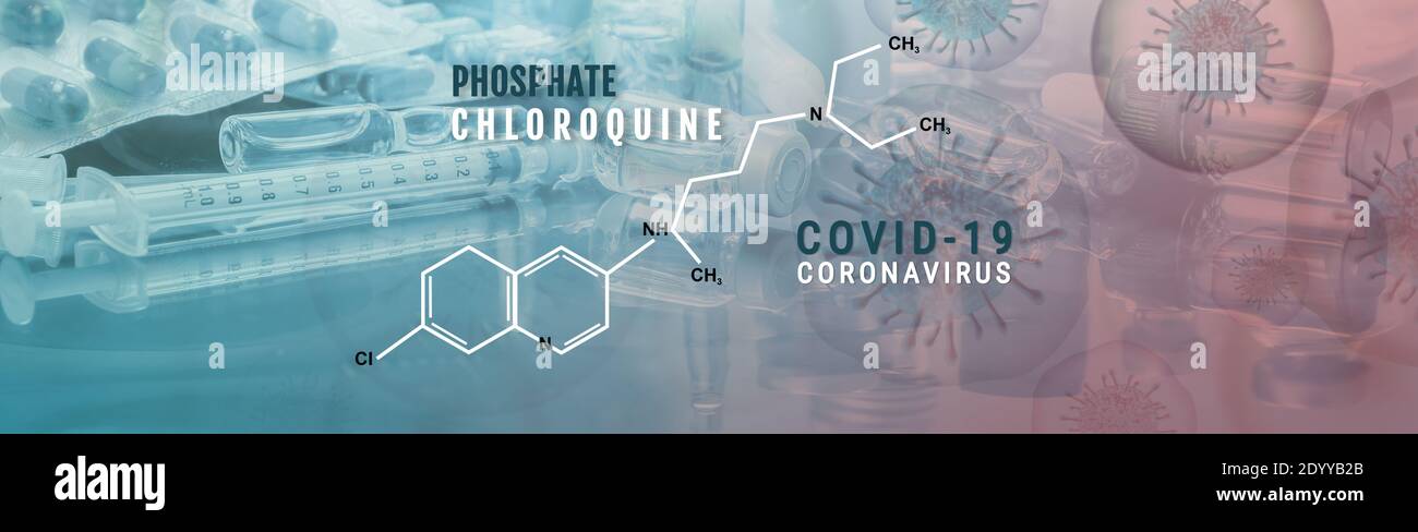 Coronavirus Covid-19 Behandlung mit Chloroquinphosphat oder Impfstoff - Konzeptdarstellung Banner Stockfoto