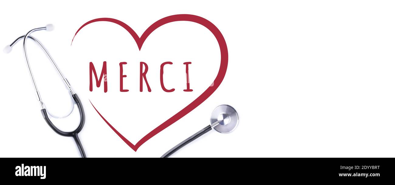 Vielen Dank Botschaft des medizinischen Personals mit Stethoskop und roten Herzen - Banner Stockfoto