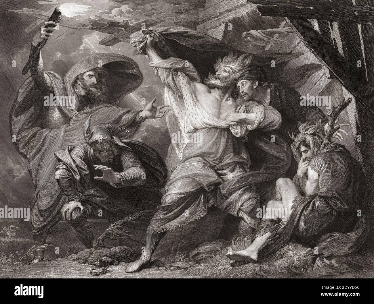 Illustration für William Shakespeares Theaterstück King Lear, III. Akt, Szene IV Aus einem Stich von William Sharp aus dem 18. Jahrhundert nach einem Werk von Benjamin West. Stockfoto