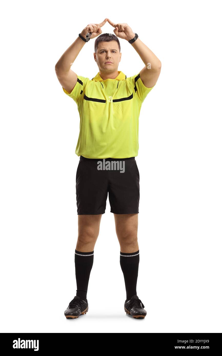 Porträt eines Fußballschiedsrichters mit einem VAR-Symbol in voller Länge Isoliert auf weißem Hintergrund Stockfoto