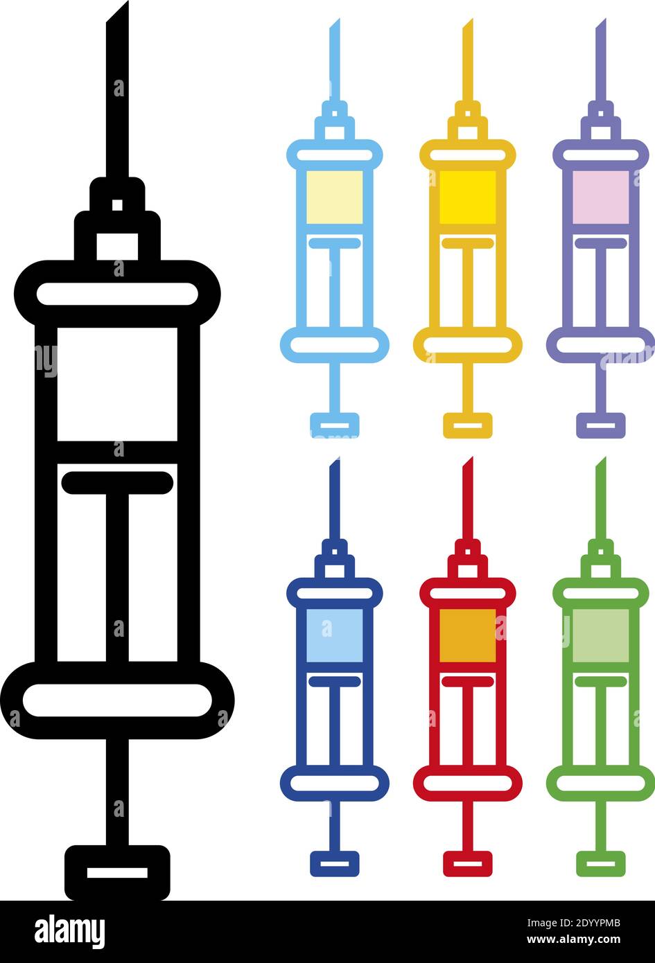 Symbol für medizinische Spritze, stilisierte Illustration in verschiedenen Farben, Vektor-Design Stock Vektor