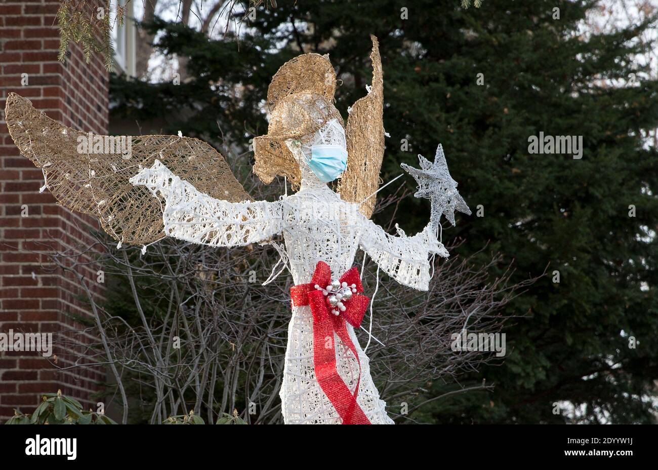 Ein Weihnachtshof Rasen Ornament eines Engels trägt ein Gesichtsmaske während der Covid 19 Pandemie von 2020 Stockfoto