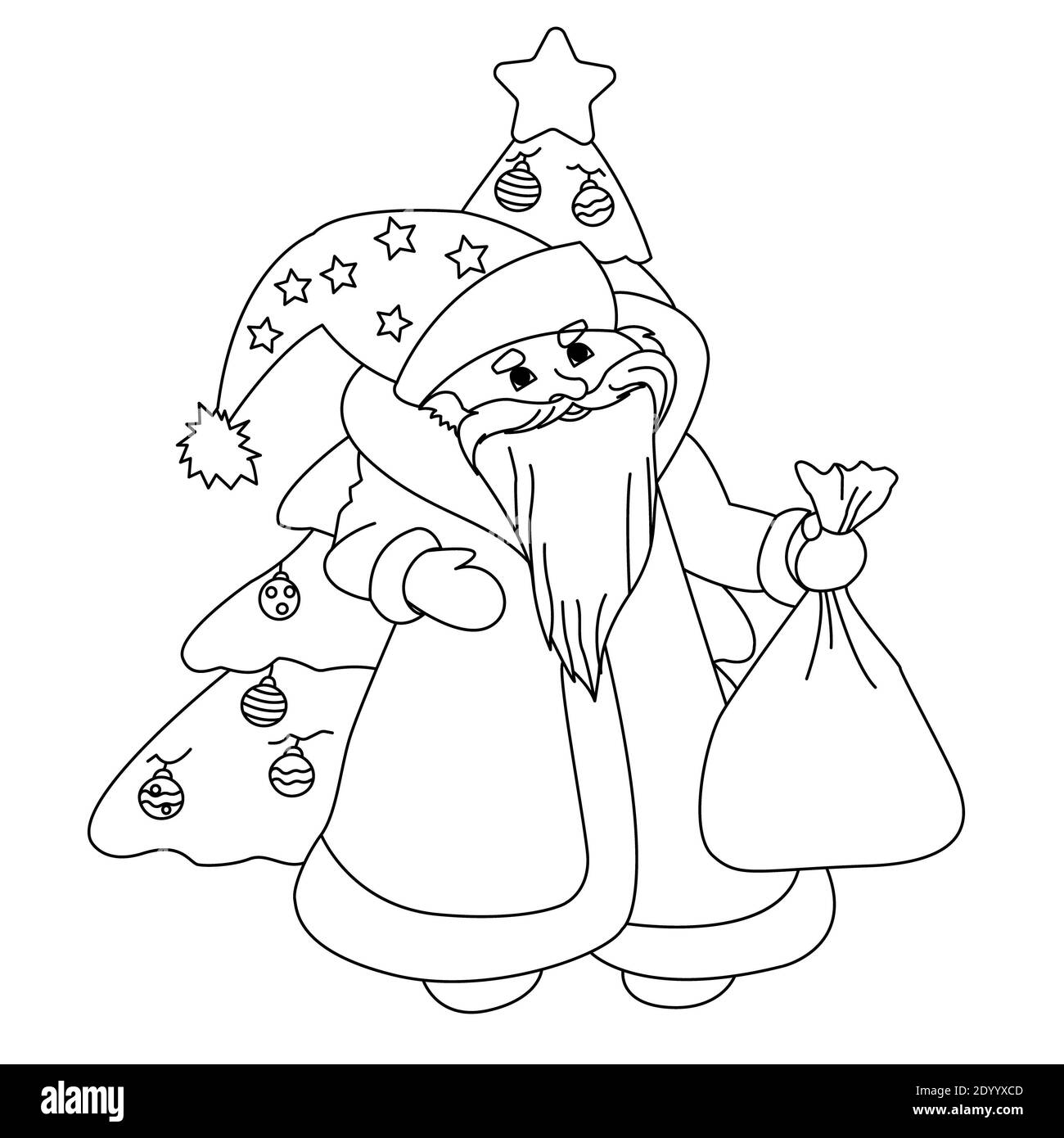 Malbuch Weihnachtsmann mit einer Tasche und ein Weihnachten Baum Stockfoto