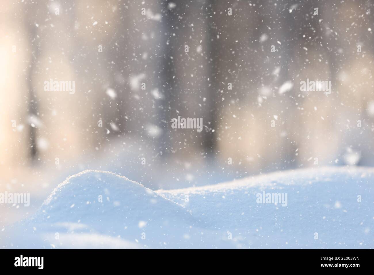 Schneefall mit unschärfem Waldhintergrund Stockfoto