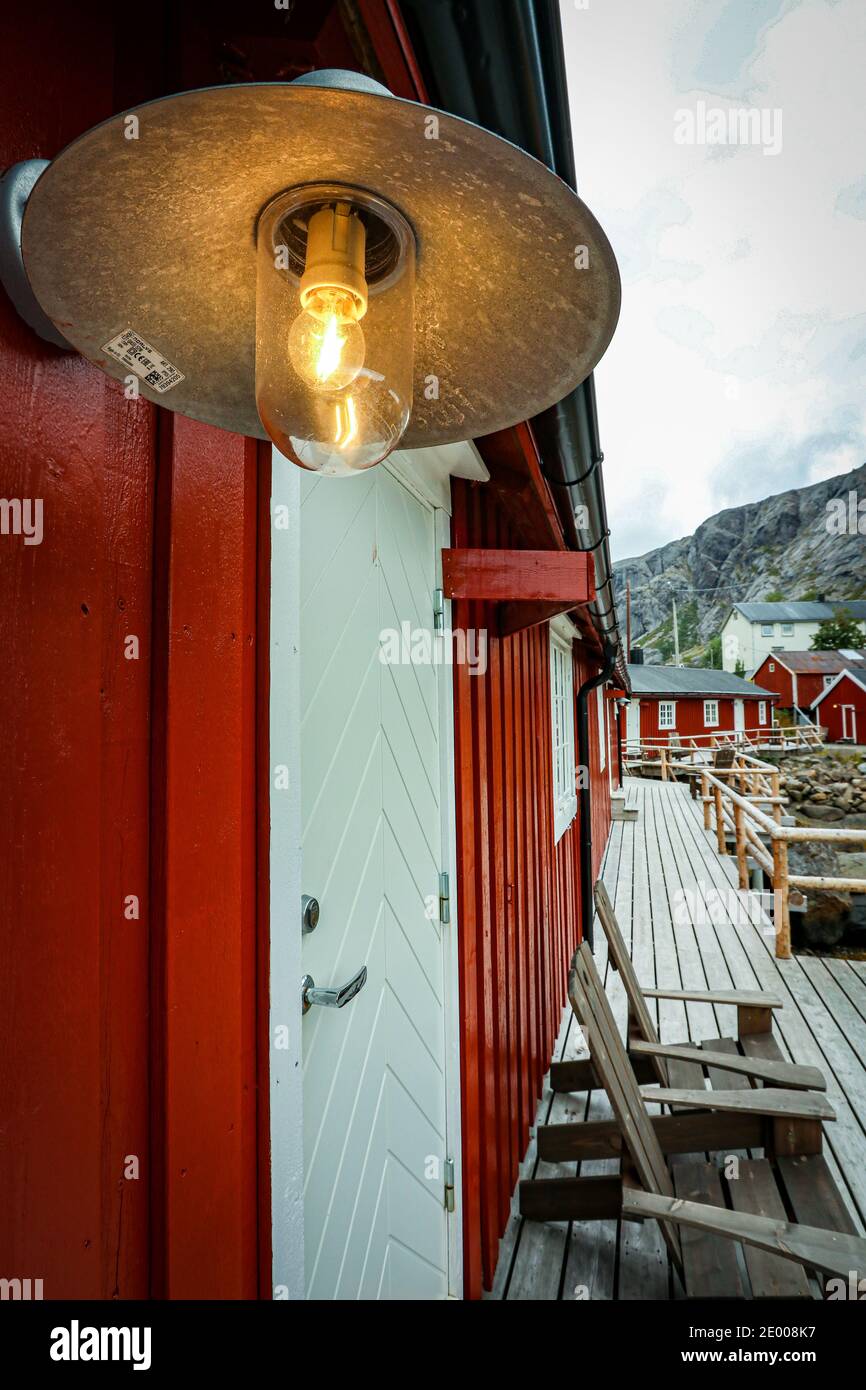 Nusfjord, Flakstad, Norwegen Norwegen, Lofoten, Lampe Stockfoto