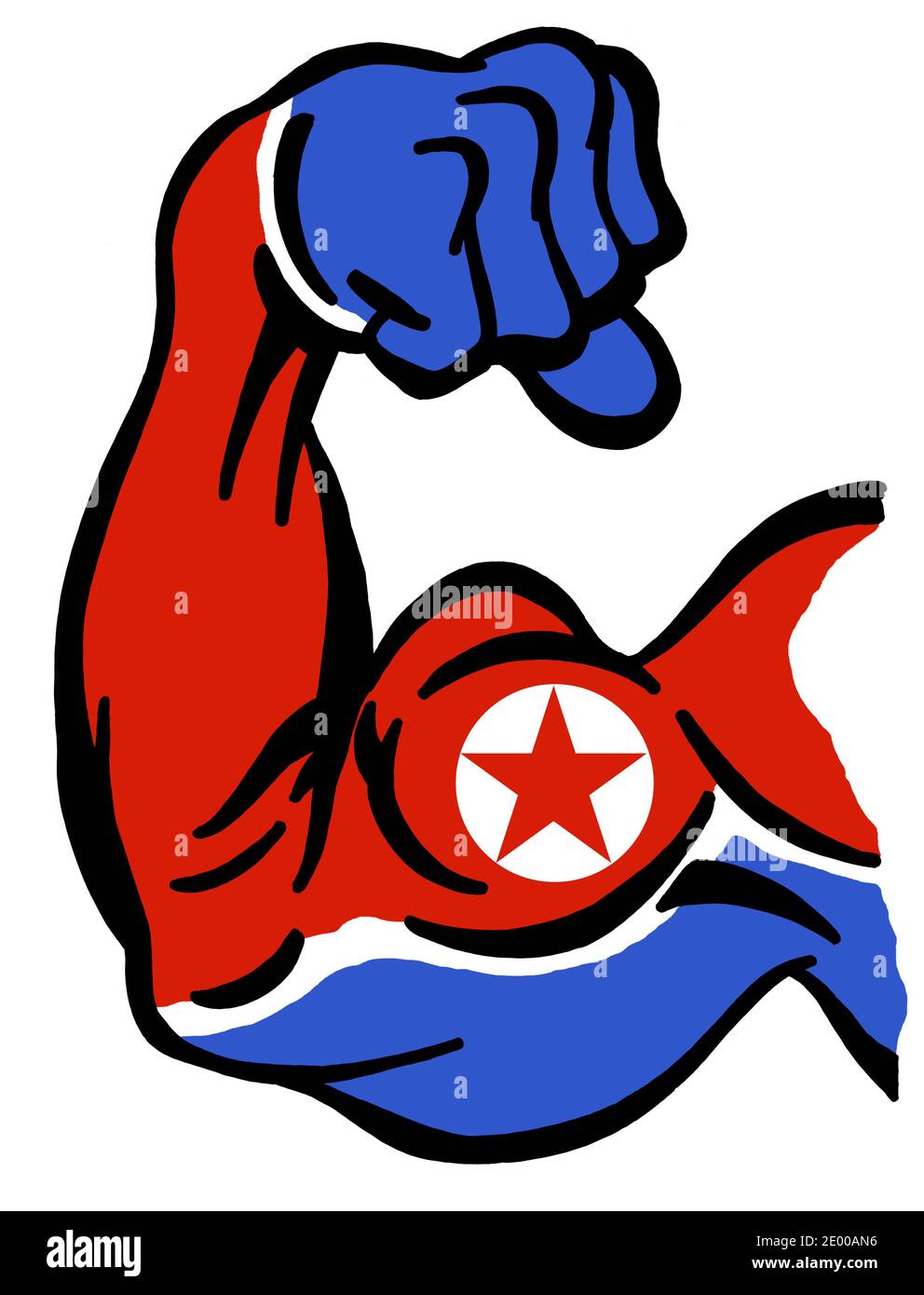 Bizeps mit Farben der nordkoreanischen Flagge als Symbol der Macht von Kim und der kommunistischen Partei, oberste Führer von Nordkorea gemalt Stockfoto