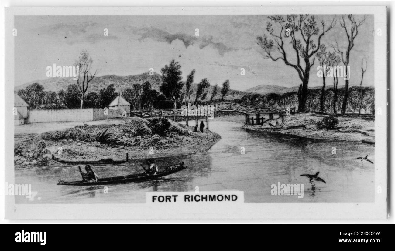 Illustration einer Maori, die an Fort Richmond am Hutt River vorbeipaddelt, von einer Zigarettenkarte über die neuseeländische Geschichte, um 1930 Stockfoto