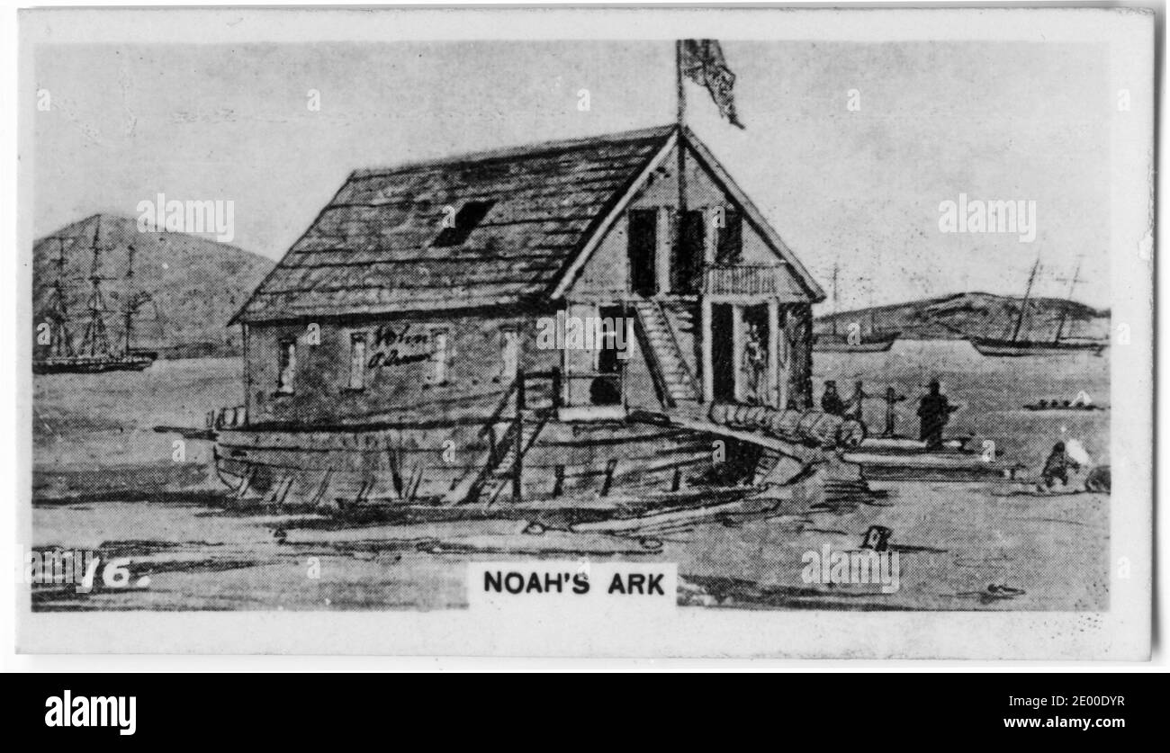 Illustration eines Hausbootes genannt Arche Noah irgendwann in den Pioniertagen von Neuseeland, ; von einer Zigarettenkarte in den 1930er Jahren gedruckt Stockfoto