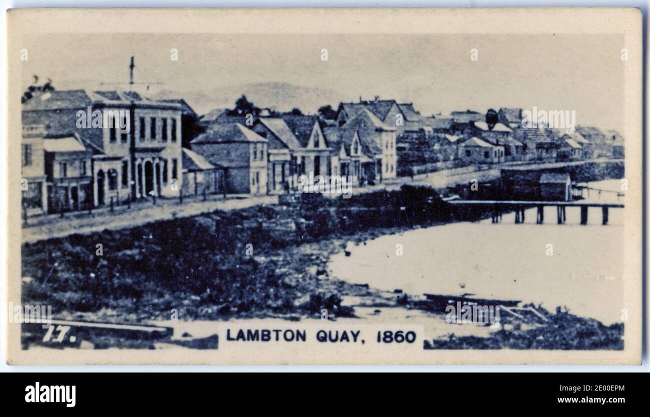 Illustration von Lambton Quay, Wellington, Neuseeland, 1860; aus einer in den 1930er Jahren gedruckten Zigarettenkarte Stockfoto