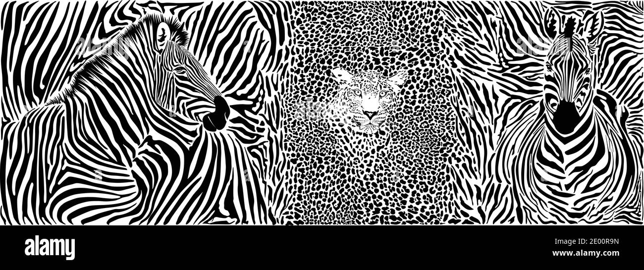 Wild Animal Hintergrund - Vorlage mit Motiv Zebras und Leopard Stock Vektor