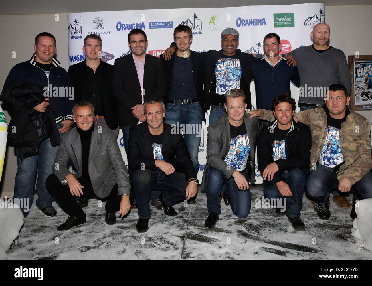 Exklusiv - Christian Califano, Sylvain Marconnet, Thomas Lievremont, Francis Ntamack, Marc Lievremont, Christophe Moni und Yann Delaigue nehmen am 21. November 2013 an der Pressekonferenz "Tournoi des 6 Stations 2014" im Chalet des iles in Paris, Frankreich, Teil. Foto von Jerome Domine/ABACAPRESS.COM Stockfoto