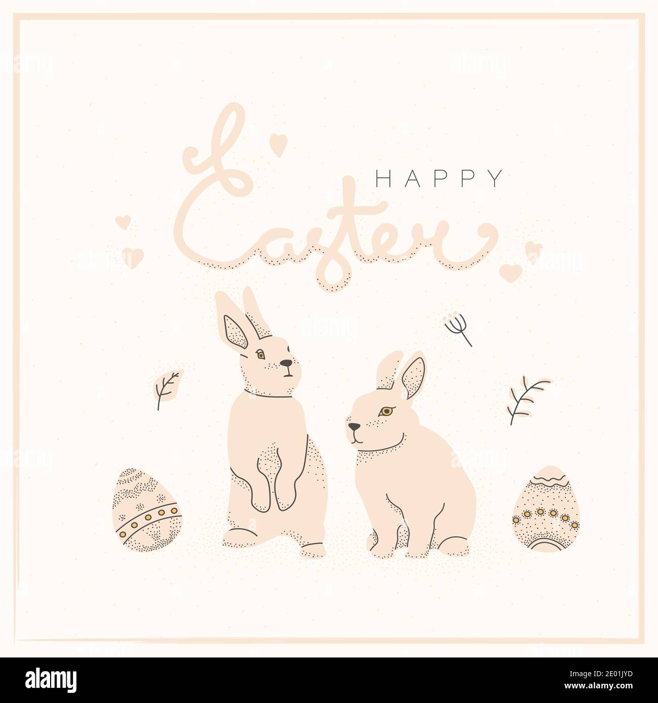 Fröhliche osterbeschriftung, Hasen oder Hasen und dekorative ostereier. Vektor flache Illustrationen für Design, Postkarten, Drucke, Aufkleber. Ostern Stock Vektor