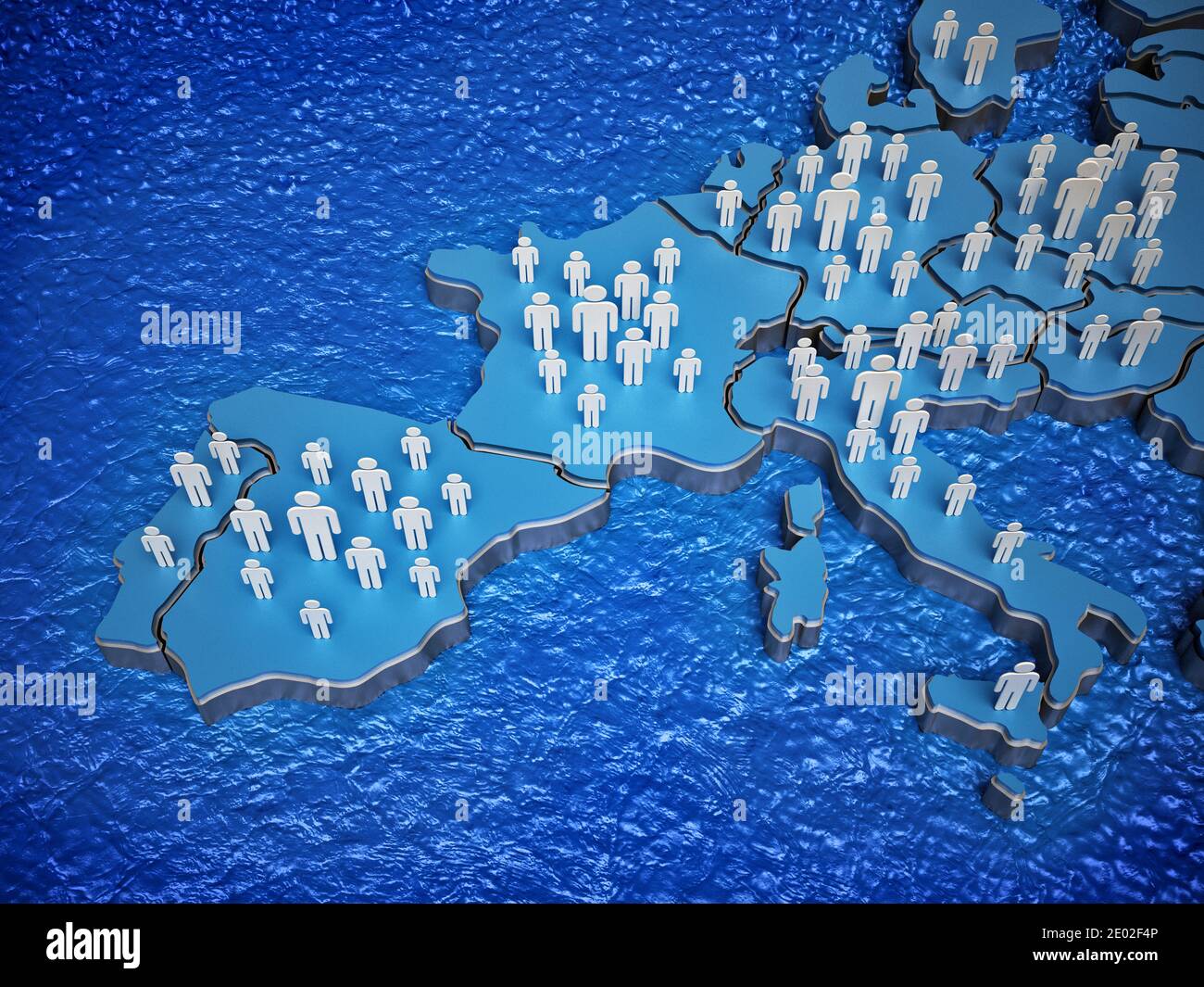 3D kleine Menschen stehen auf der Landkarte von Europa. 3D-Illustration. Stockfoto