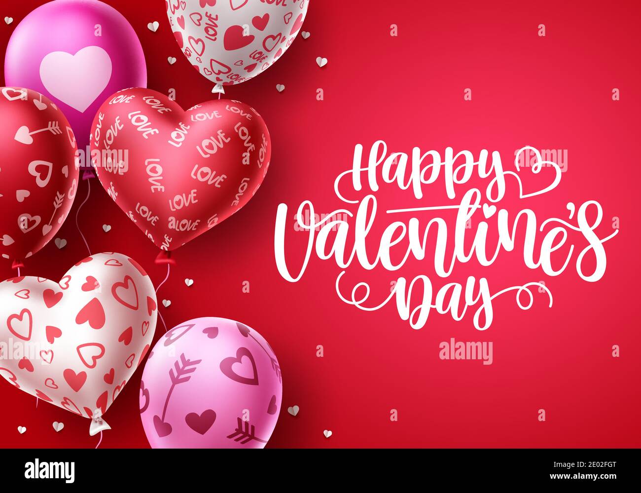 Glücklich Valentinstag Herz Ballons Vektor Hintergrund. Valentinstag Grußtext mit Herz Form und Muster Ballon Elemente in rotem Hintergrund. Stock Vektor