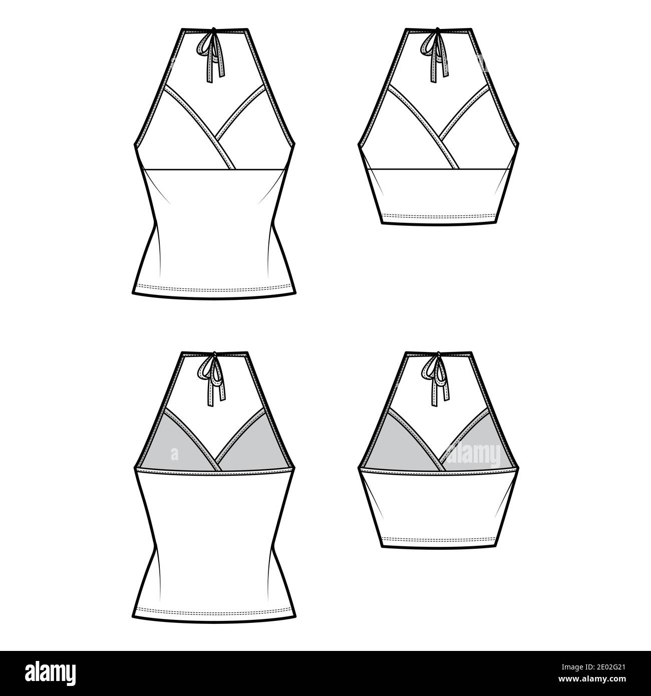 Set von Camisoles Halfter Hals Surplice Tanks technische Mode Illustration mit Empire-Naht, Schleife, Slim Fit, Crop, Tunika Länge. Flat top Schablone vorne, hinten, weiß. Frauen Männer CAD Mockup Stock Vektor